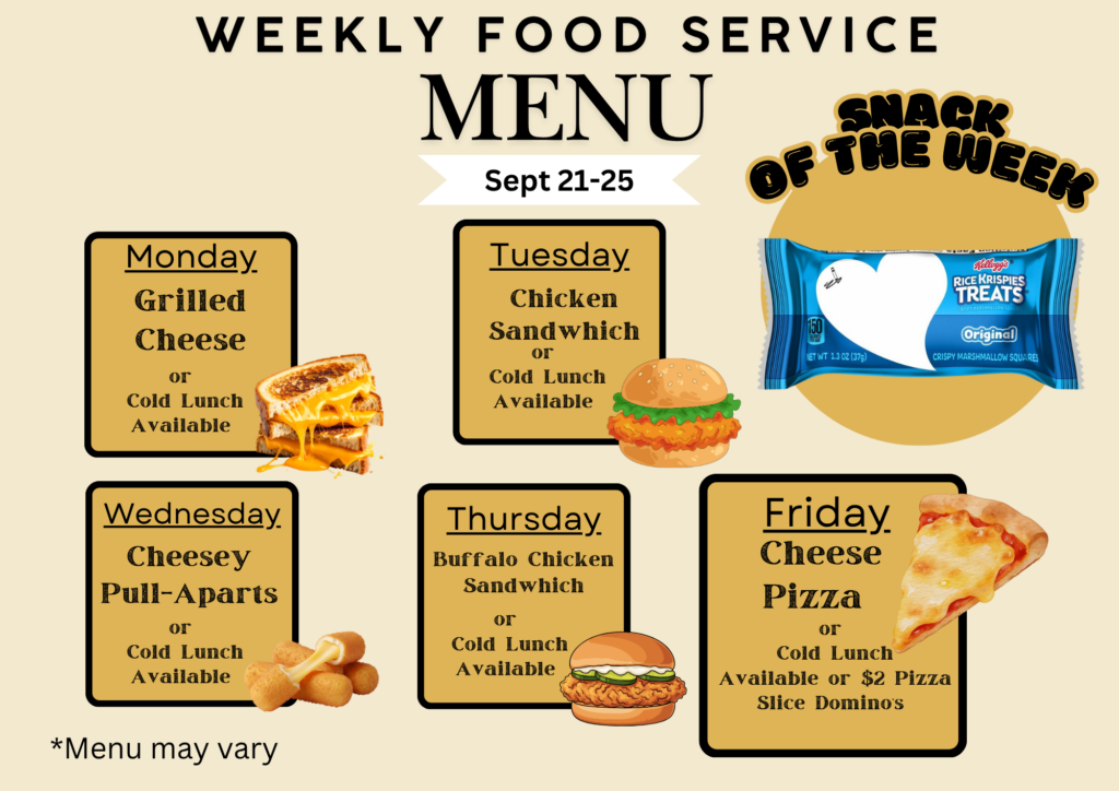 Lunch Menu Week of September 21 to September 25.